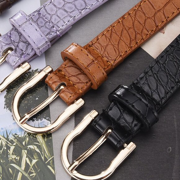 2/$30 Brown Crocodile Print Thin PU Leather Belt Gold Buckle Dress Pants Jeans - Picture 4 of 6